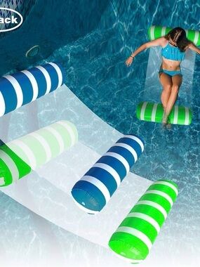 Set of Two Striped Inflatable Pool Loungers -Navy Blue/White & Green/White